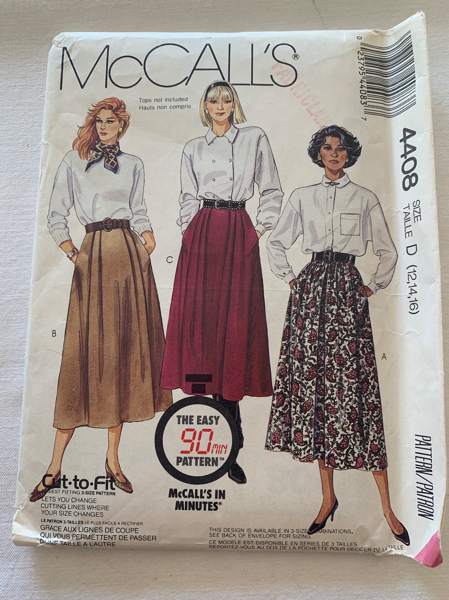McCall's Sewing Pattern 4408 Misses' Skirt, Pockets, Pleats, Elastic Waist, Size 12-16, Uncut, Vintage 1989