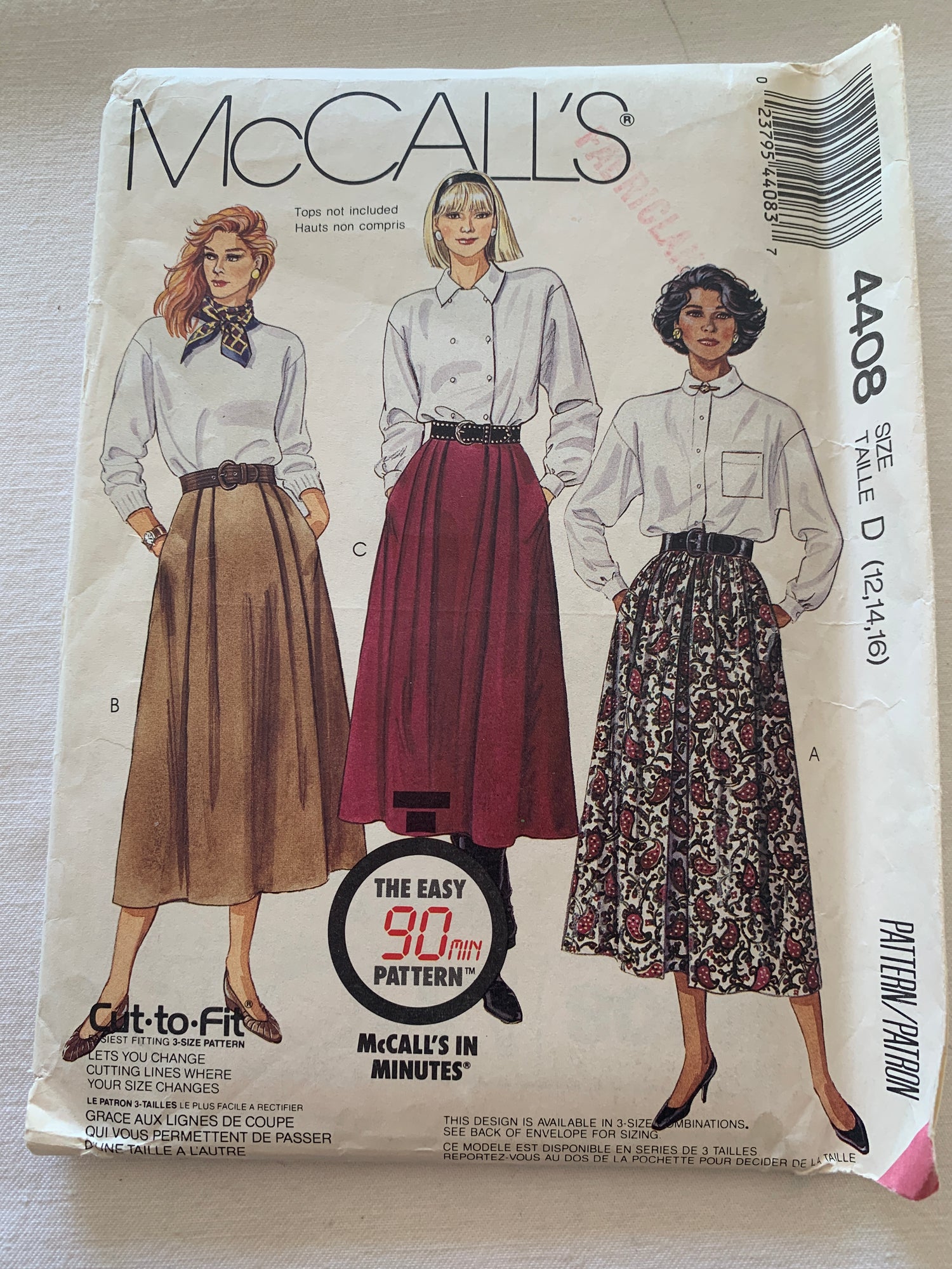 McCall's Sewing Pattern 4408 Misses' Skirt, Pockets, Pleats, Elastic Waist, Size 12-16, Uncut, Vintage 1989