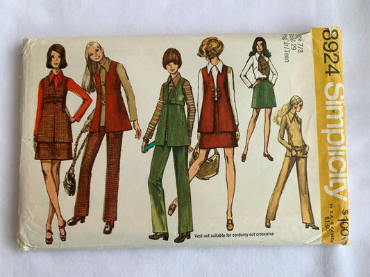 Simplicity Sewing Pattern 8924 Young Junior/Teens'/Misses' Vest, Pants, Mini Dress, Blouse, Long Sleeves, Top, Zipper, Size 7-8, Cut, Vintage 1970