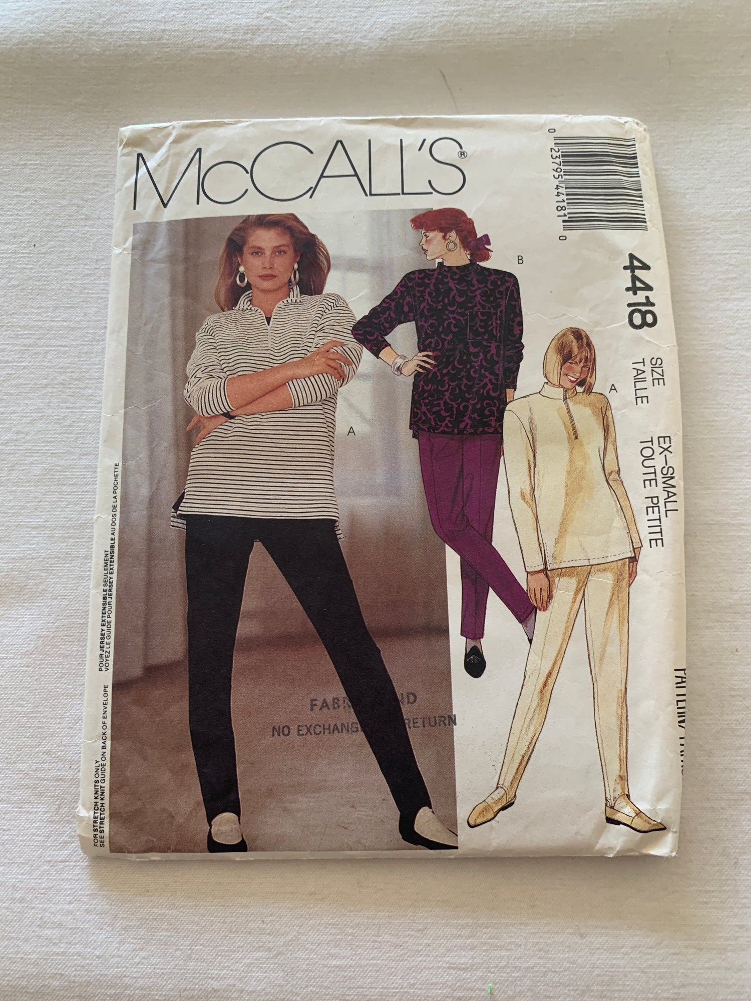 McCall's Sewing Pattern 4418 Misses' Pants, Top,  Pull-Over, Pull-On, Long Sleeves, Elastic Waist, Size 6-8, Uncut, Vintage 1988