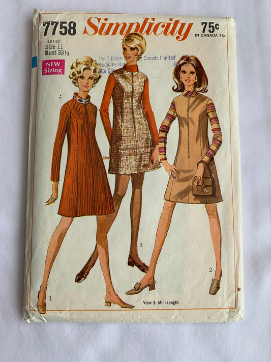 Simplicity Sewing Pattern 7758 Misses'/Juniors' Dress, Jumper, Two Lengths, Princess Seams, Zipper Front, Size 11, Cut, Vintage 1968