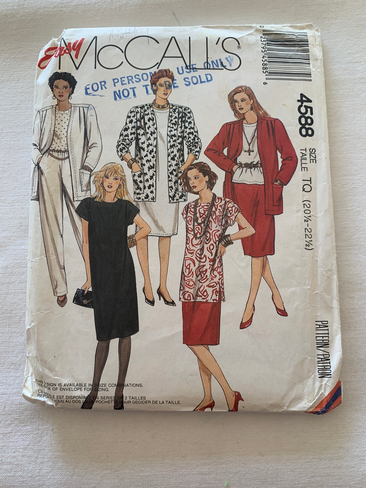 McCall's Sewing Pattern 4588 Misses' Unlined Jacket, Dress, Top, Tunic, Skirt, Pants, Pullover, Pockets, 5 Variations, Size 20 1/2-22 1/2, Uncut, Vintage 1989