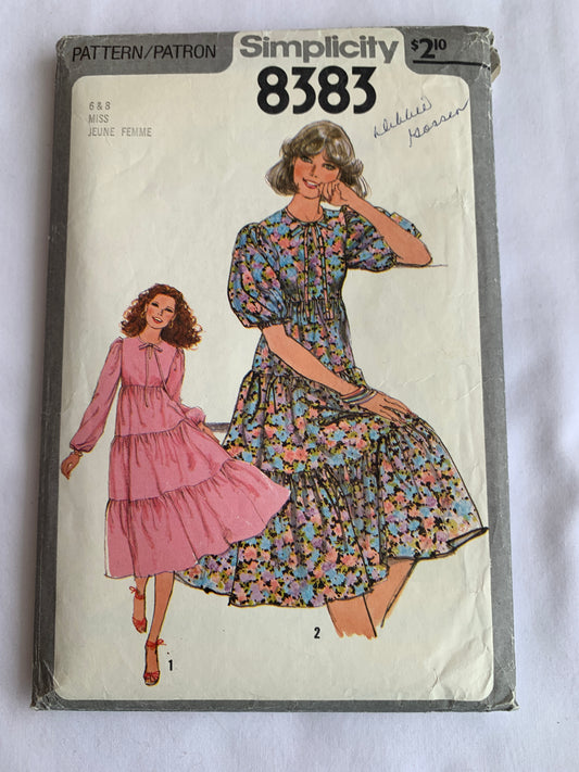 Simplicity Sewing Pattern 8383 Misses' Dresses, Long/Short Sleeves, 3 Tiers, Zipper Back, Size 6-8, Cut, Vintage 1977