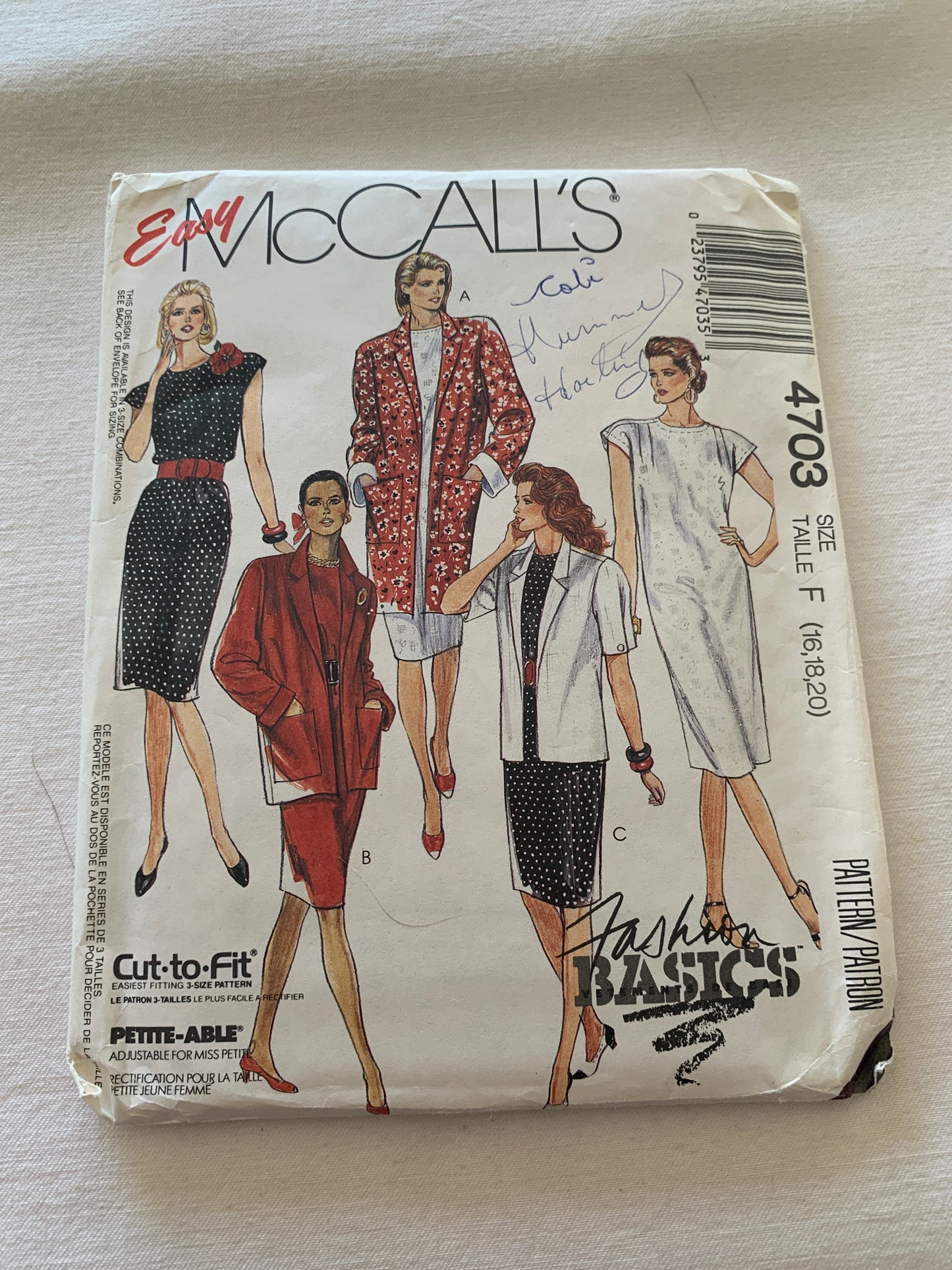 McCall's Sewing Pattern 4703 Misses' Unlined Jacket, Sleeveless Dress, Two Lengths, Zipper Back, Size 16-20, Uncut, Vintage 1992