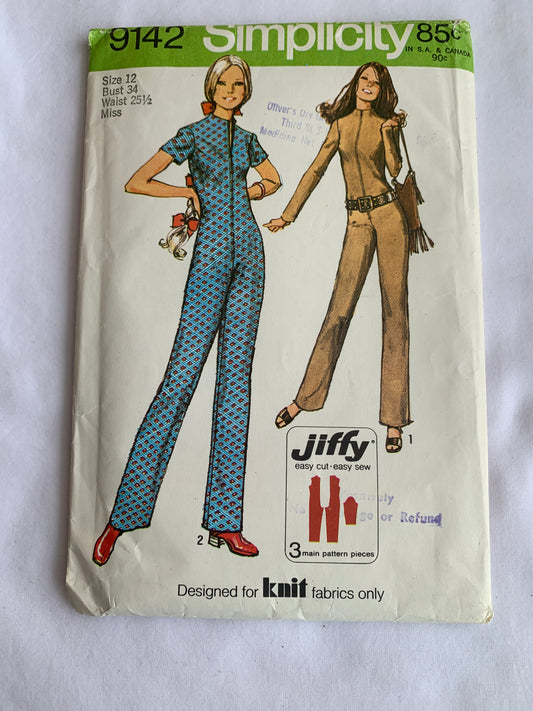 Simplicity Sewing Pattern Jiffy 9142 Misses' Jumpsuit, Zipper Front, Knits Only, Long/Short Size 10, Cut, Vintage 1970