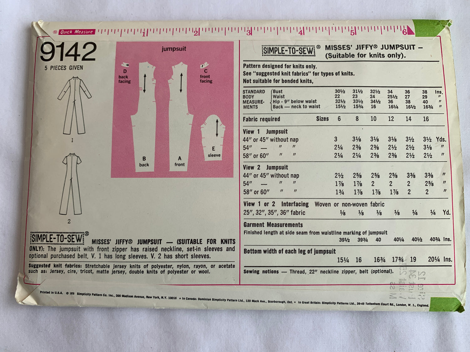 Simplicity Sewing Pattern Jiffy 9142 Misses' Jumpsuit, Zipper Front, Knits Only, Long/Short Size 10, Cut, Vintage 1970