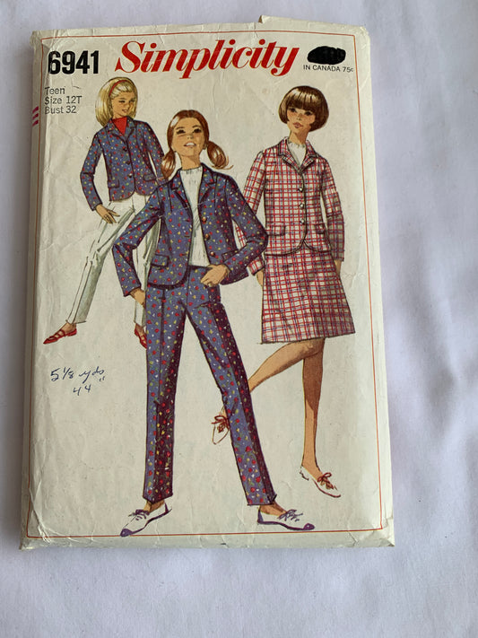 Simplicity Sewing Pattern 6941 Junior/Teens' Jacket, Skirt, Pants, Long Sleeves, Button Front, Zipper Back, Size 12, Cut, Vintage 1966