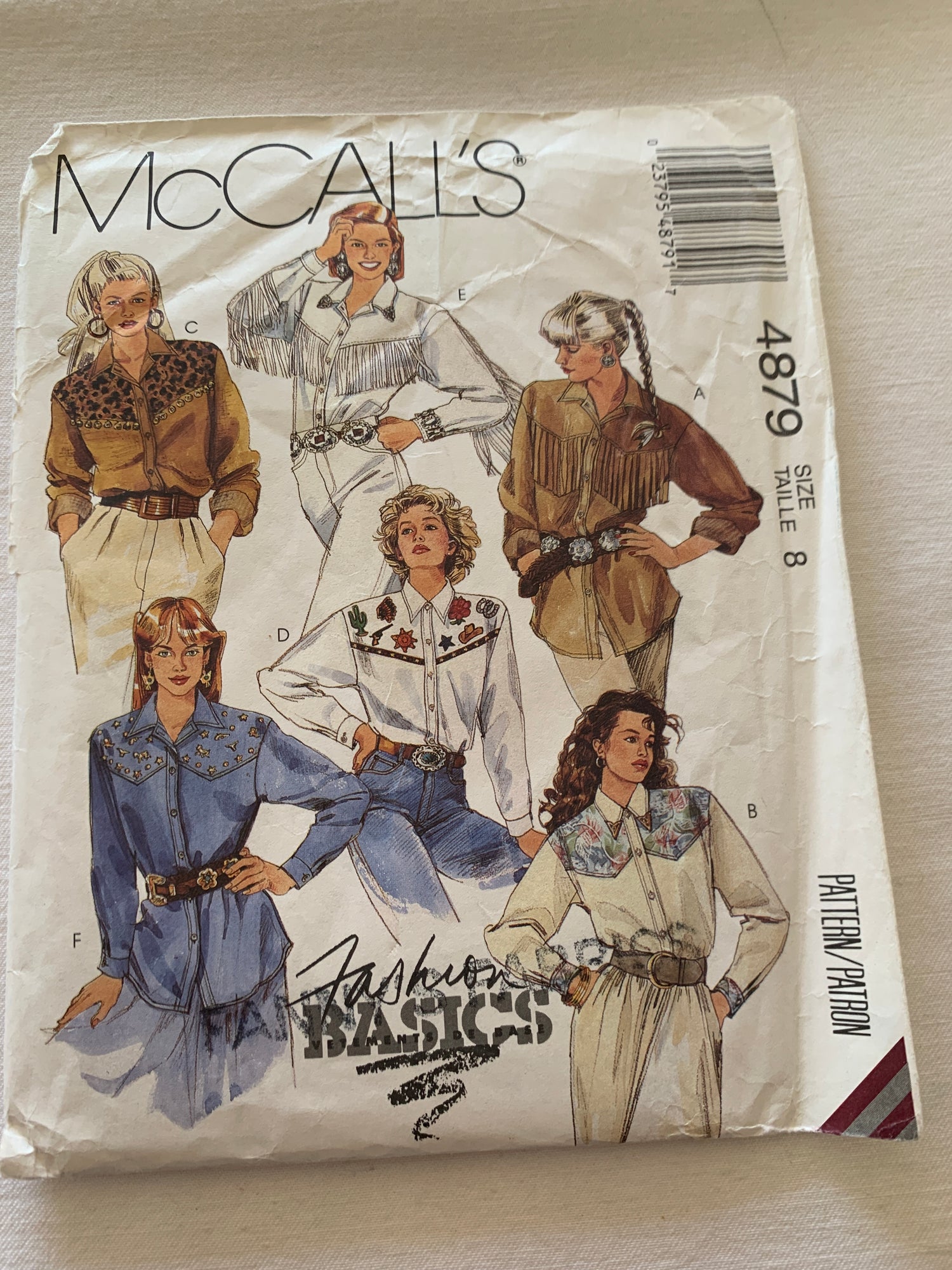 McCall's Sewing Pattern 4879 Misses' Western Blouse, Long Sleeves, Shirts, Button Front, Fringe, Collar, Pockets, Size 8, Uncut, Vintage 1990