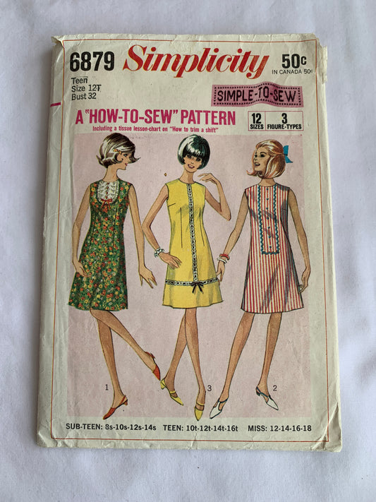 Simplicity Sewing Pattern 6879 Misses' One-Piece Dress, Zipper Back, 3 Variations, Size 12, Cut, Vintage 1966