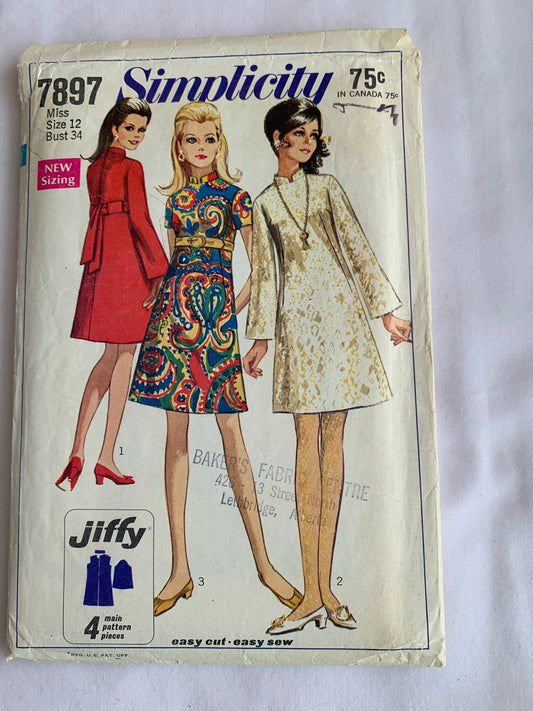 Simplicity Sewing Pattern 7897 Misses' Jiffy Dresses, Long/Short Sleeves, Zipper Back, Tie Back, 3 Variations, Size 12, Cut, Vintage 1968