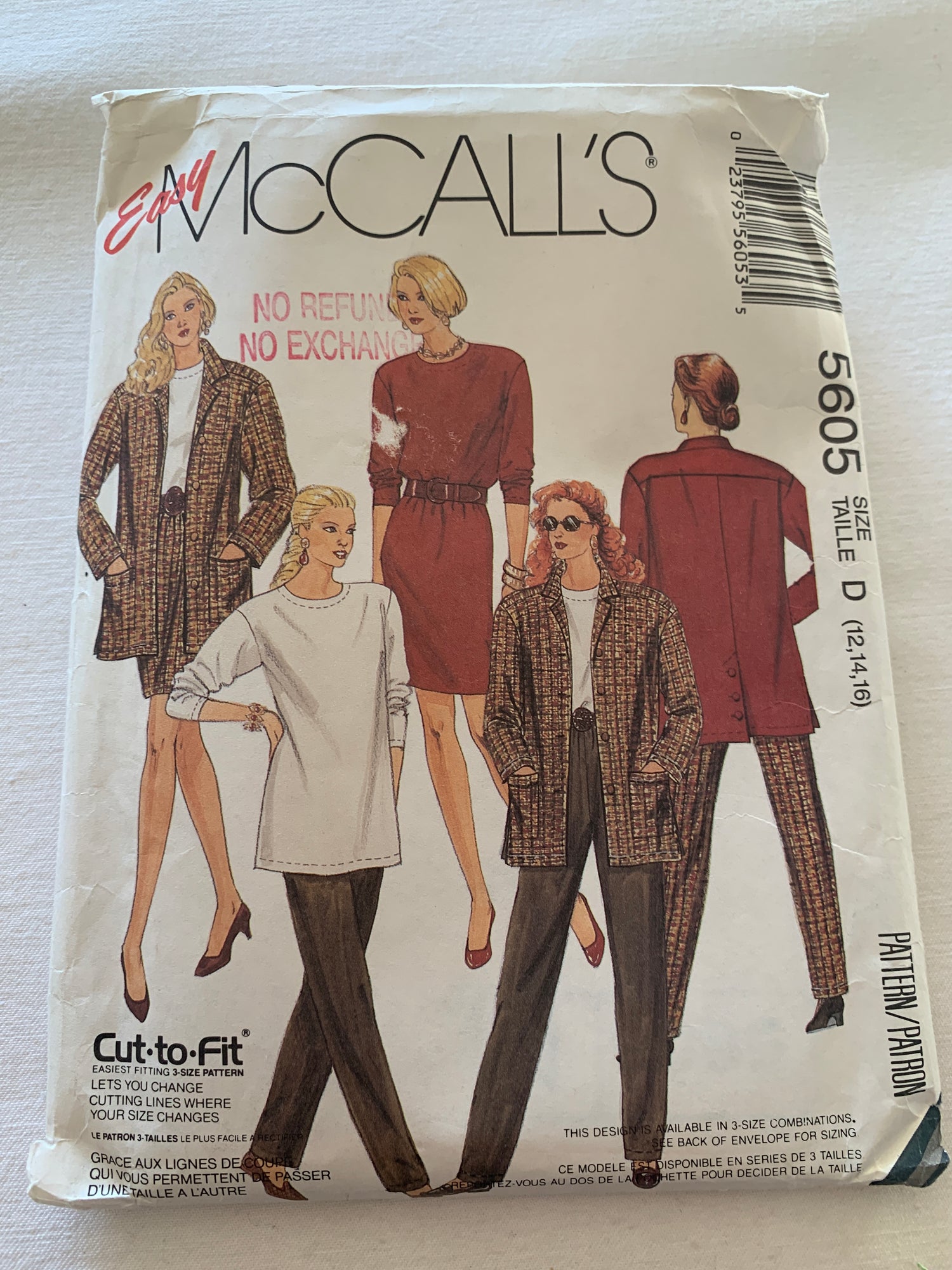 McCall's 5605 Misses' Unlined Jacket, Top, Skirt, Pants, Loose-Fitting, Shoulder Pads Size 12-16, Uncut, Vintage 1991