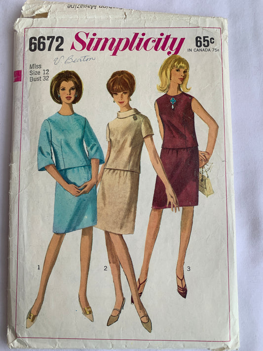 Simplicity Sewing Pattern 6672 Misses' Two Piece Dress, Top, Skirt, Long/Short Sleeves, Zipper Back, Size 12, Cut, Vintage 1966
