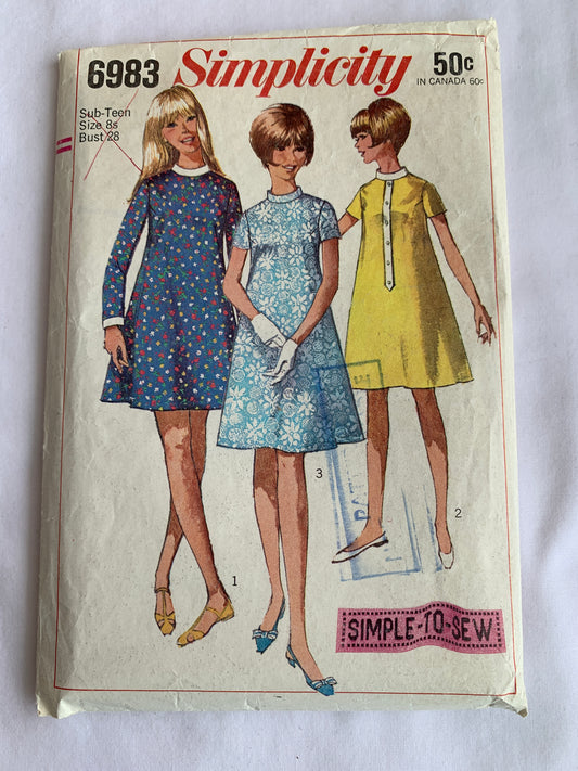 Simplicity Sewing Pattern 6983 Misses'/Juniors' One-Piece Dress, Two Lengths, Zipper Back, Long/Short Sleeves, Size 8, Cut, Vintage 1967