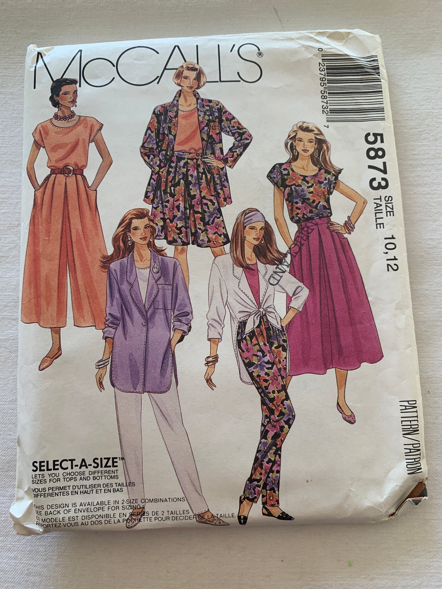 McCall's Sewing Pattern 5873 Misses' Unlined Jacket, Top, Skirt, Split-Skirt, Pants, Loose-Fitting, Shoulder Pads, Size 10-12, Uncut, Vintage 1992