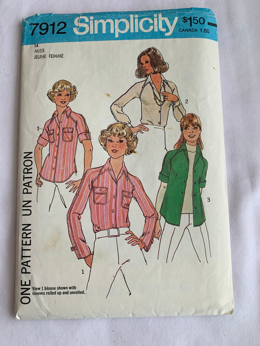 Simplicity Sewing Pattern 7912 Misses' Blouses, Shirts, Button Front, Long/Short Sleeves, Pockets, Collar, 4 Variations Size 14, Cut, Vintage 1977