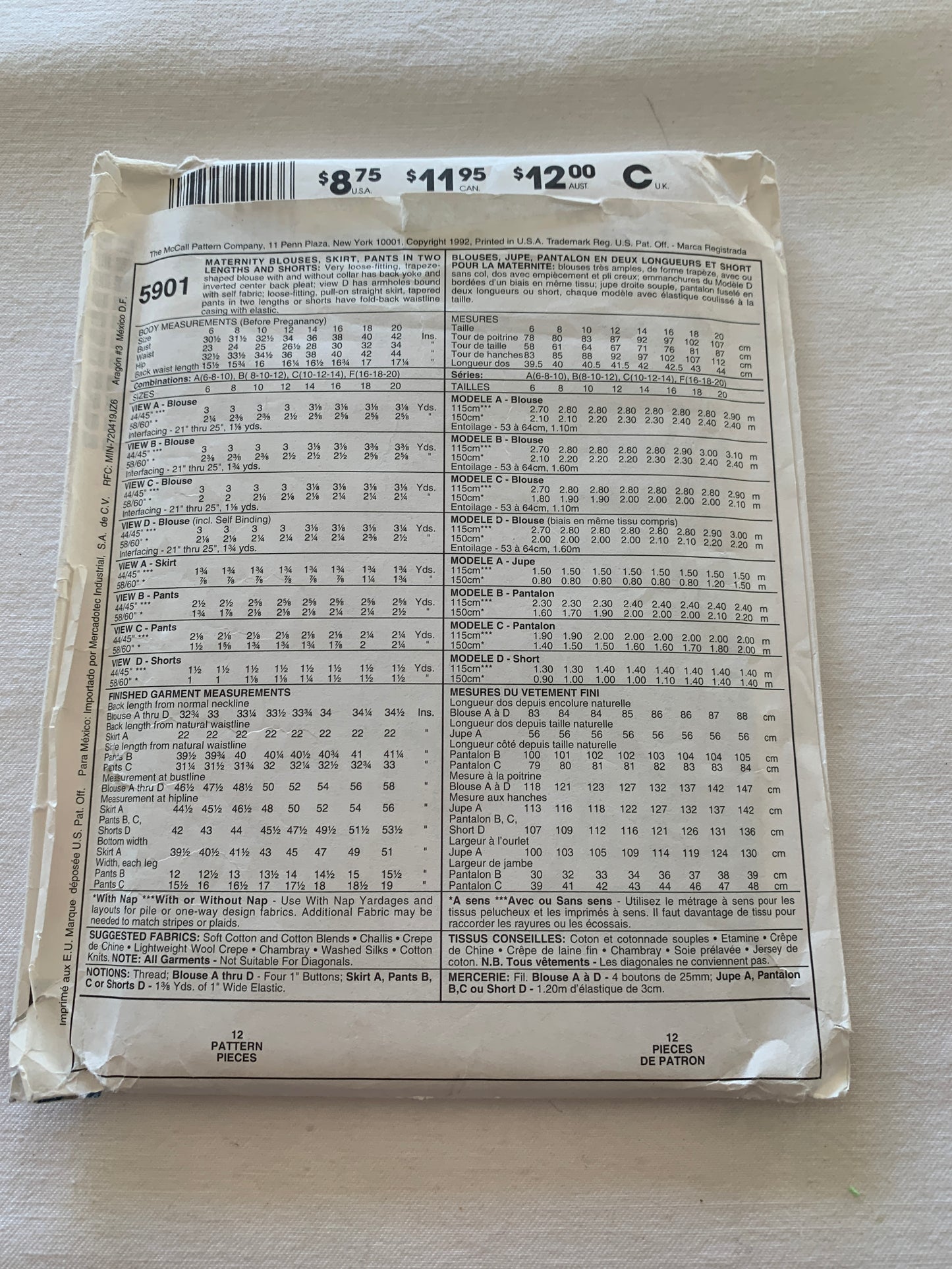 McCall's Sewing Pattern 5981 Misses' Two-Piece Dress, Button Front, Split-Skirt, Two Lengths, Shoulder Pads, Size 10-14, Uncut, Vintage 1992