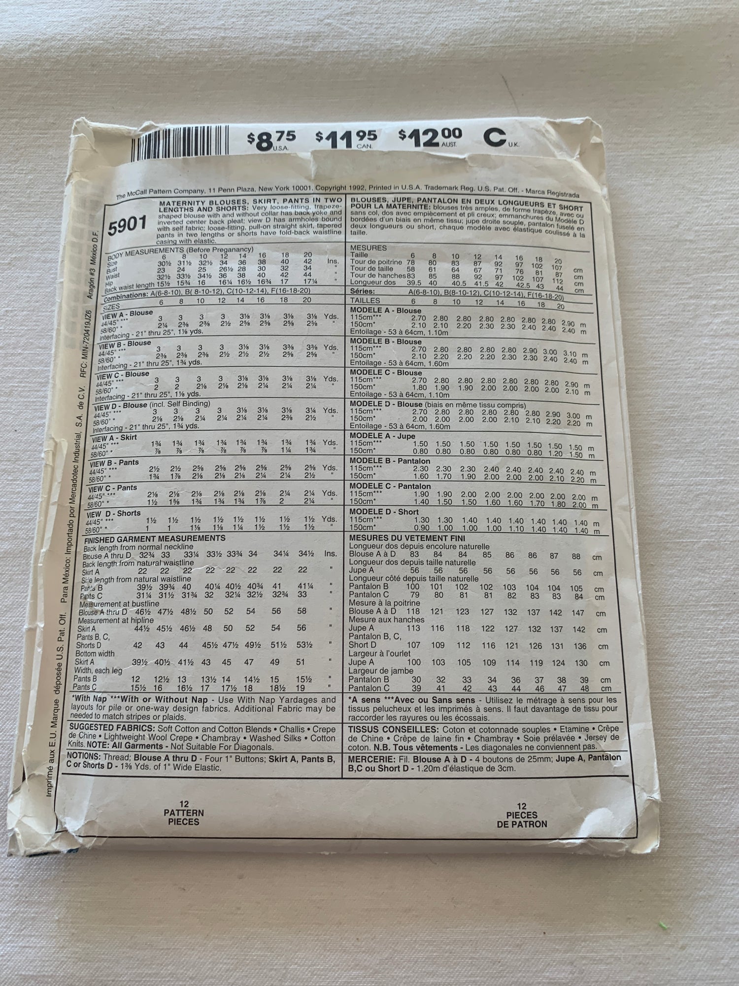 McCall's Sewing Pattern 5981 Misses' Two-Piece Dress, Button Front, Split-Skirt, Two Lengths, Shoulder Pads, Size 10-14, Uncut, Vintage 1992