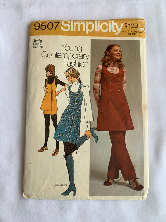 Simplicity Sewing Pattern 9507 Junior/Misses' Pants, Two Lengths, Mini-Jumper, Tunic, Pockets, Button Front, Size 7, Cut, Vintage 1971
