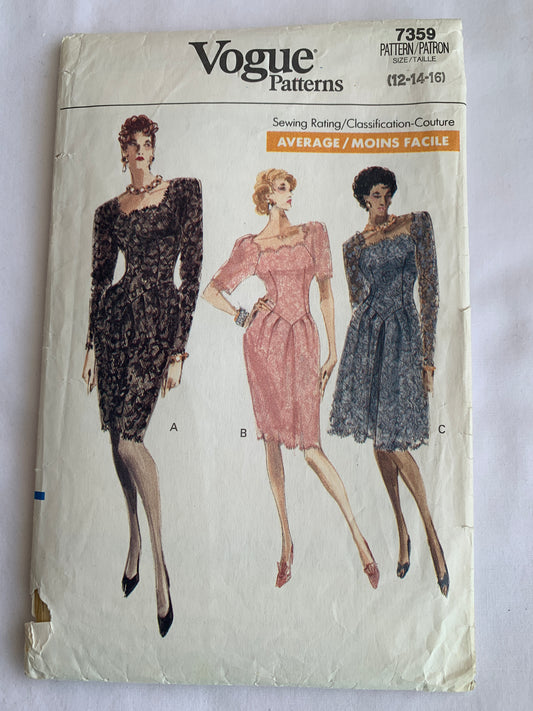 Vogue Sewing Pattern 7359 Misses'/Misses' Petite Dress, Fitted, Dropped Waist, Pleats, Zipper Back, Size 12, Cut, Vintage 1988