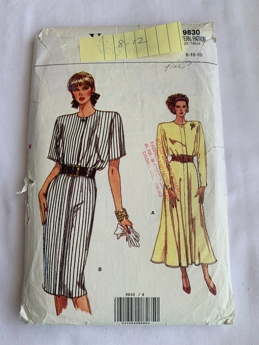 Vogue Sewing Pattern 9830 Misses' Dress, Long/Short Sleeves, Shoulder Pads, Semi-Fitted, Zipper Back, Size 8-12, Cut, Vintage 1987