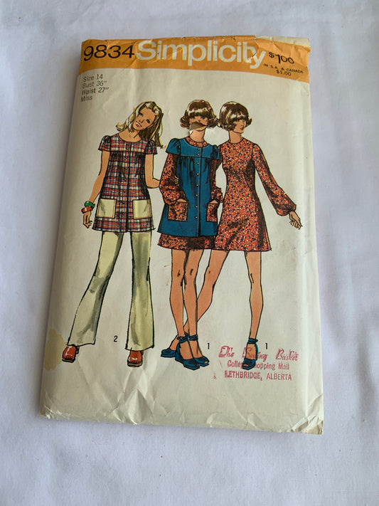 Simplicity Sewing Pattern 9834Misses'/Junior Petites Mini Dress,Smock,Pants, Zipper Back, Long/Short Sleeves, Size 14, Uncut, Vintage 1971