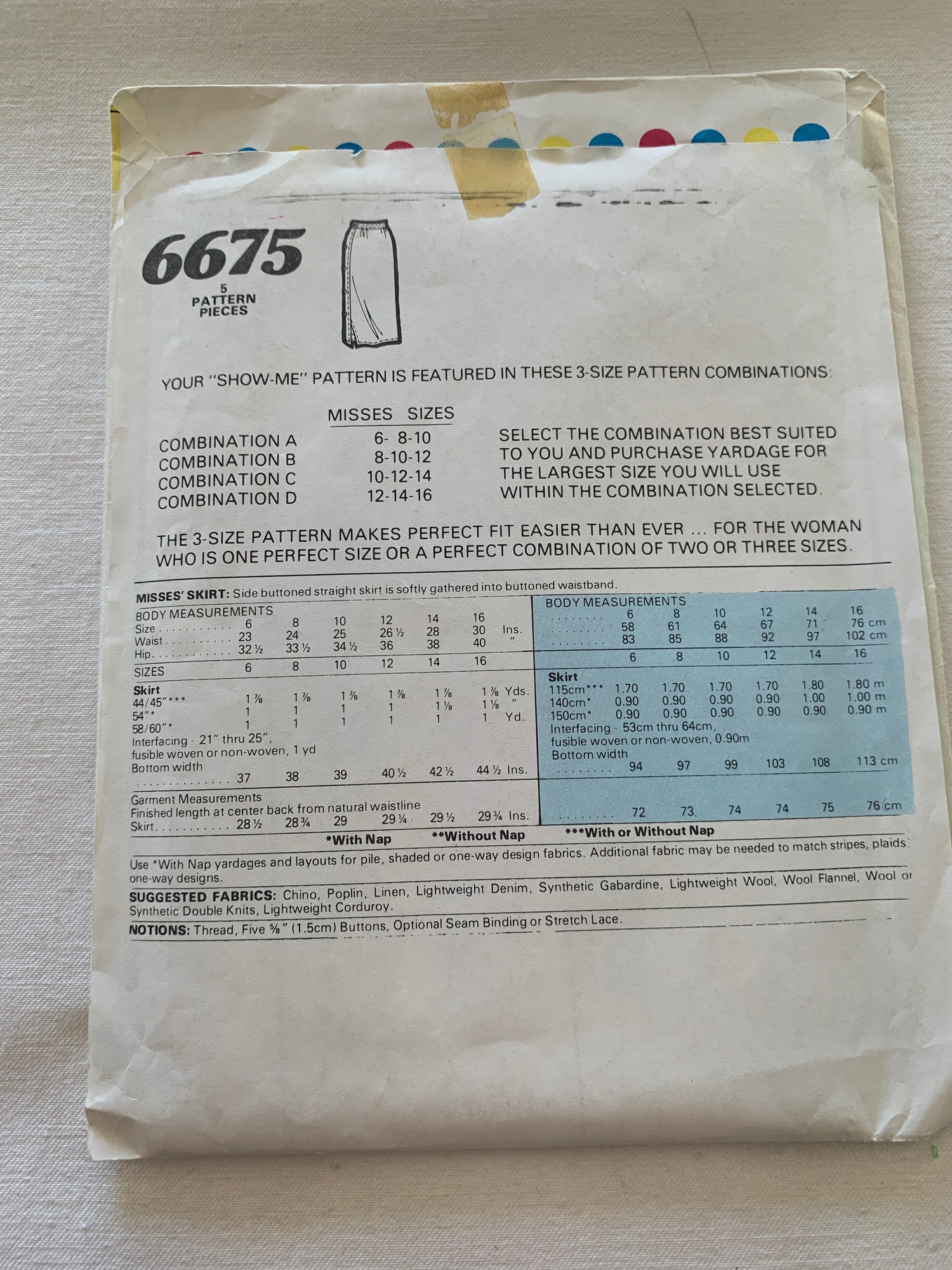 McCall's Sewing Pattern 6675 Misses' Skirt, Side Button, Straight Skirt, Button Waist, Size 8-12, Uncut, Vintage 1986