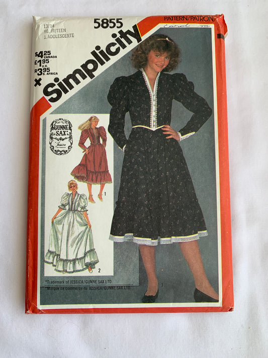 Simplicity Sewing Pattern 5855 Misses'/Juniors' Dress, Two Lengths, Zipper Back, Tie Ends, Ruffles, Long/Short Sleeves, Size 13-14, Uncut, Vintage 1982