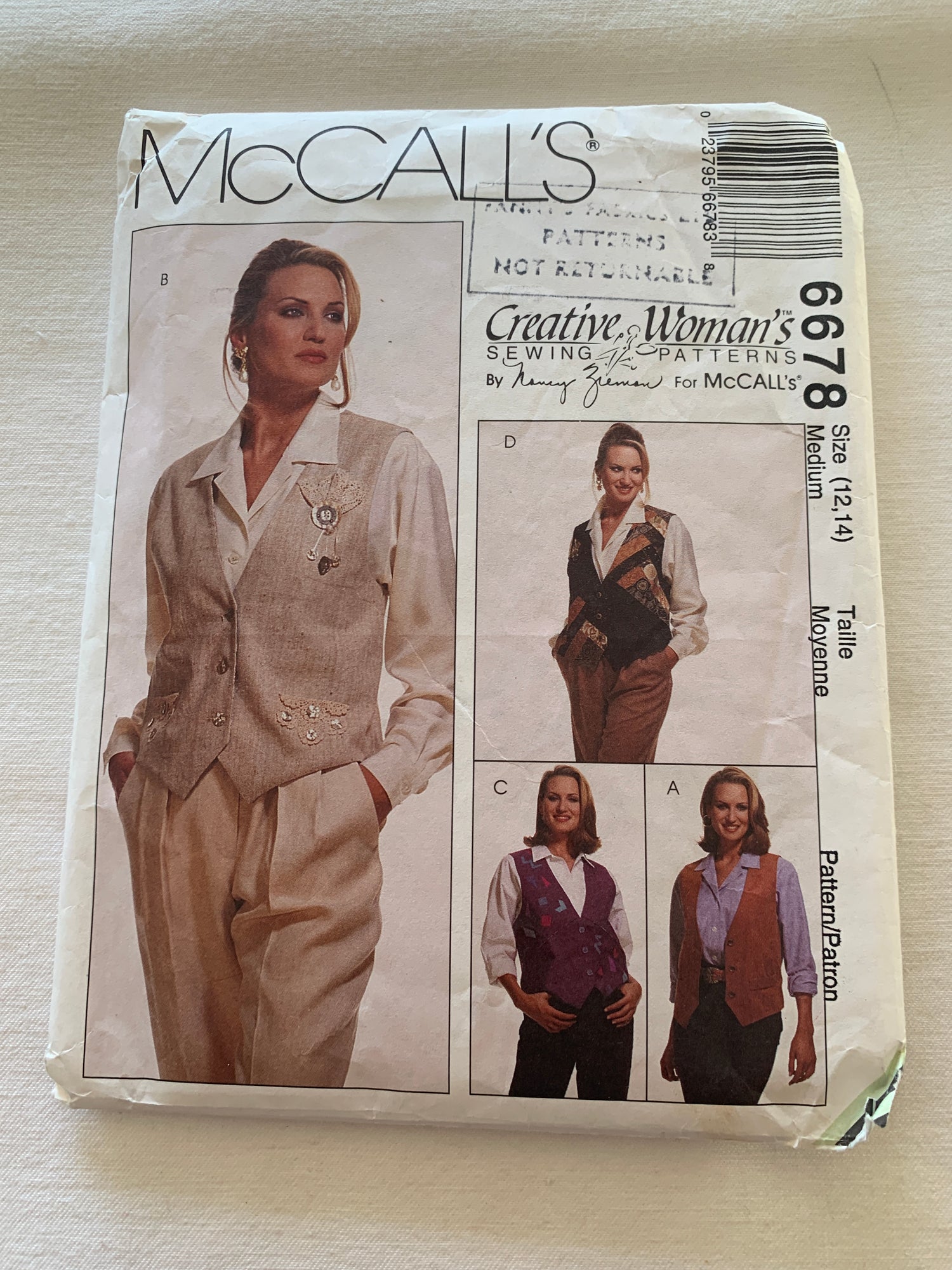 McCall's Sewing Pattern Nancy Zieman 6678 Misses' Reversible Vests, Button Front, Sleeveless, Darts, Tie Back, Cinch, Pin, Size 14, Uncut, Vintage 1994 (Copy)