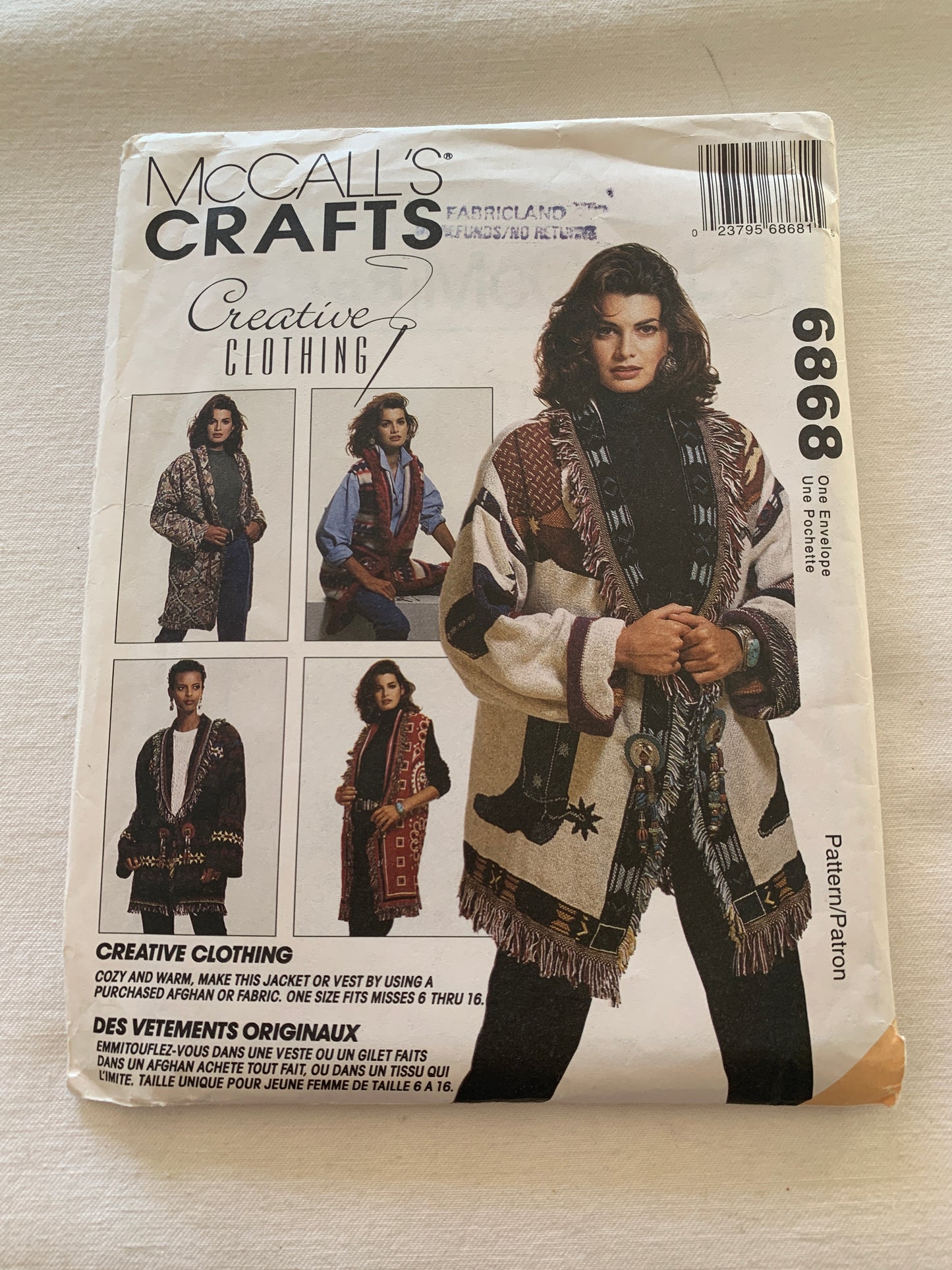 McCall's Sewing Pattern 6868 Misses' Unlined Vests/Jackets, Loose-Fitting, Pockets, Shawl Collar, Concho, Size 6-16, Uncut, Vintage 1993