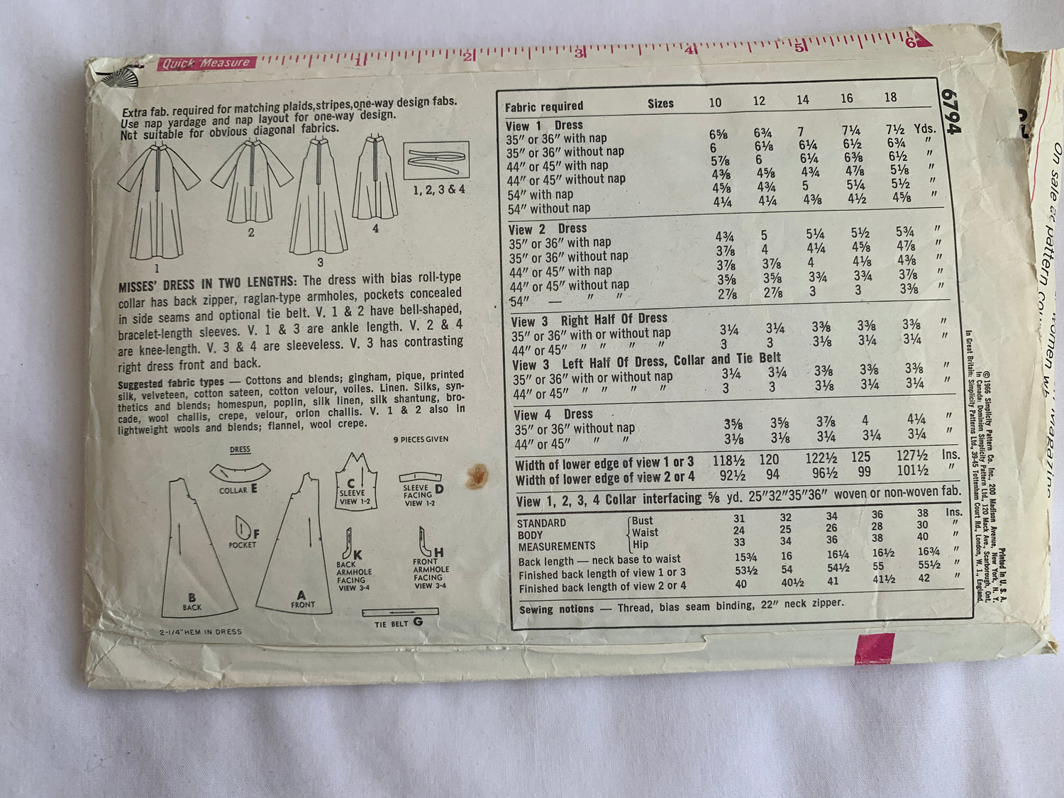 Simplicity Sewing Pattern 6794 Misses' Dress, Two Lengths, Long Sleeves, Sleeveless, Zipper Back, Pockets, Size 14, Uncut, Vintage 1966
