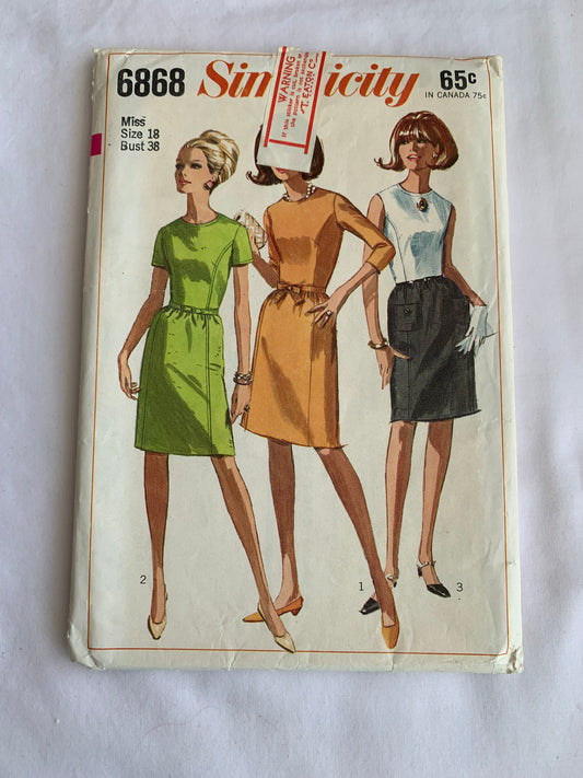 Simplicity Sewing Pattern 6868 Misses' Dresses, Long/Short Sleeves, Zipper Back, 3 Variations, Sleeveless, Size 18, Uncut, Vintage 1966