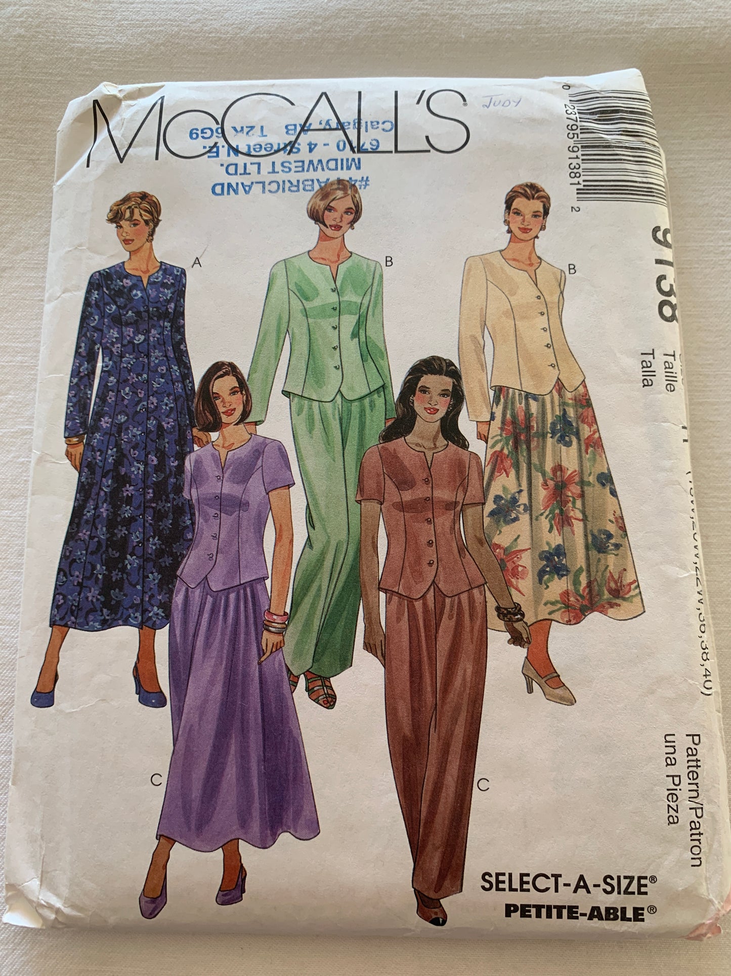 McCall's Sewing Pattern 9138 Misses' Dress, Top, Skirt, Pull-On Pants, Long Sleeves, Elastic Waist, Button Front, Size 18W-22W, Uncut, Vintage 1997