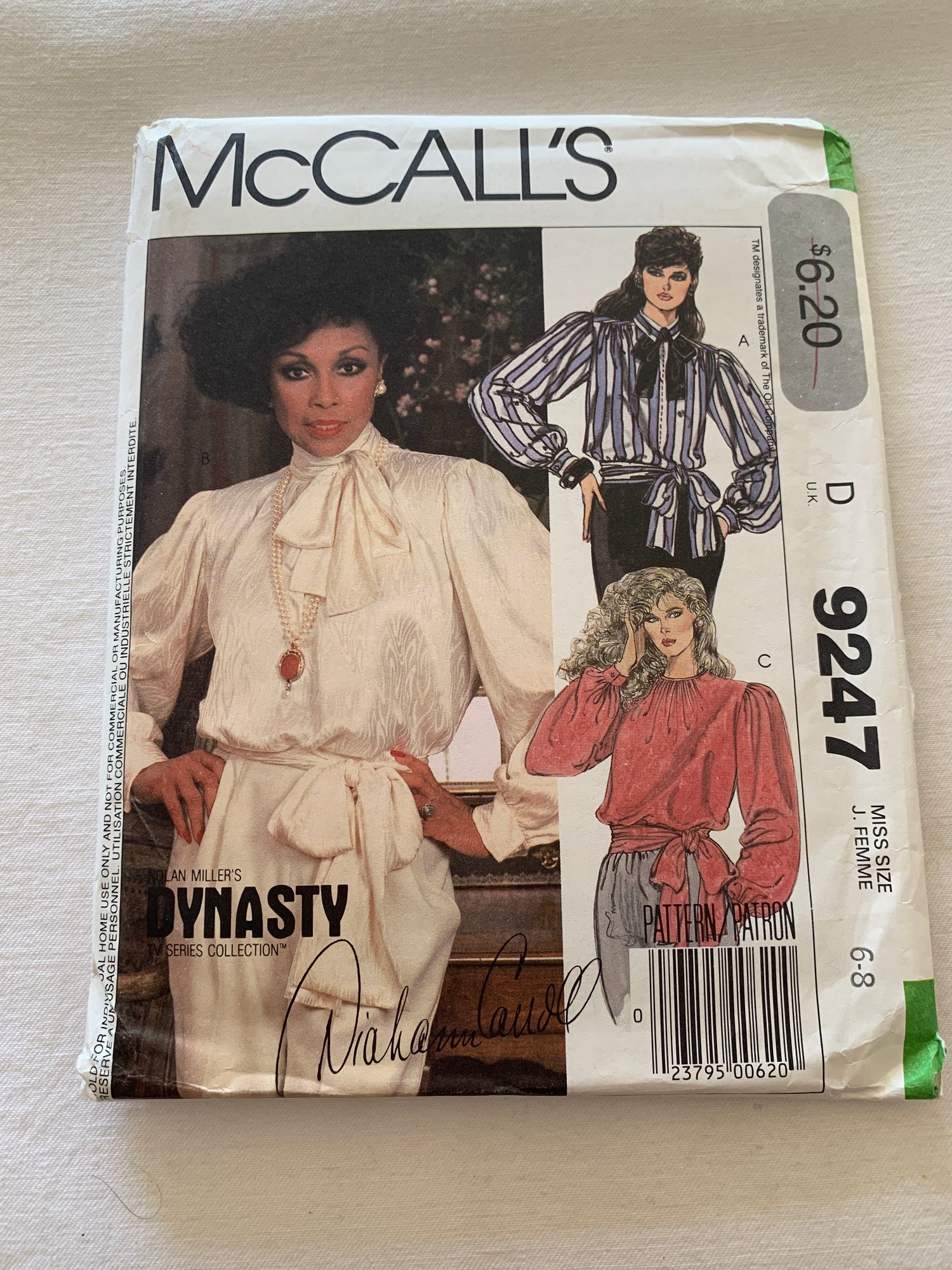 McCall's Diahann Carroll Sewing Pattern 9247 Misses' Blouse, Tie, Tie Belt, Shoulder Pads, 3 variations, Pullover, Size 6-8, Uncut, Vintage 1984