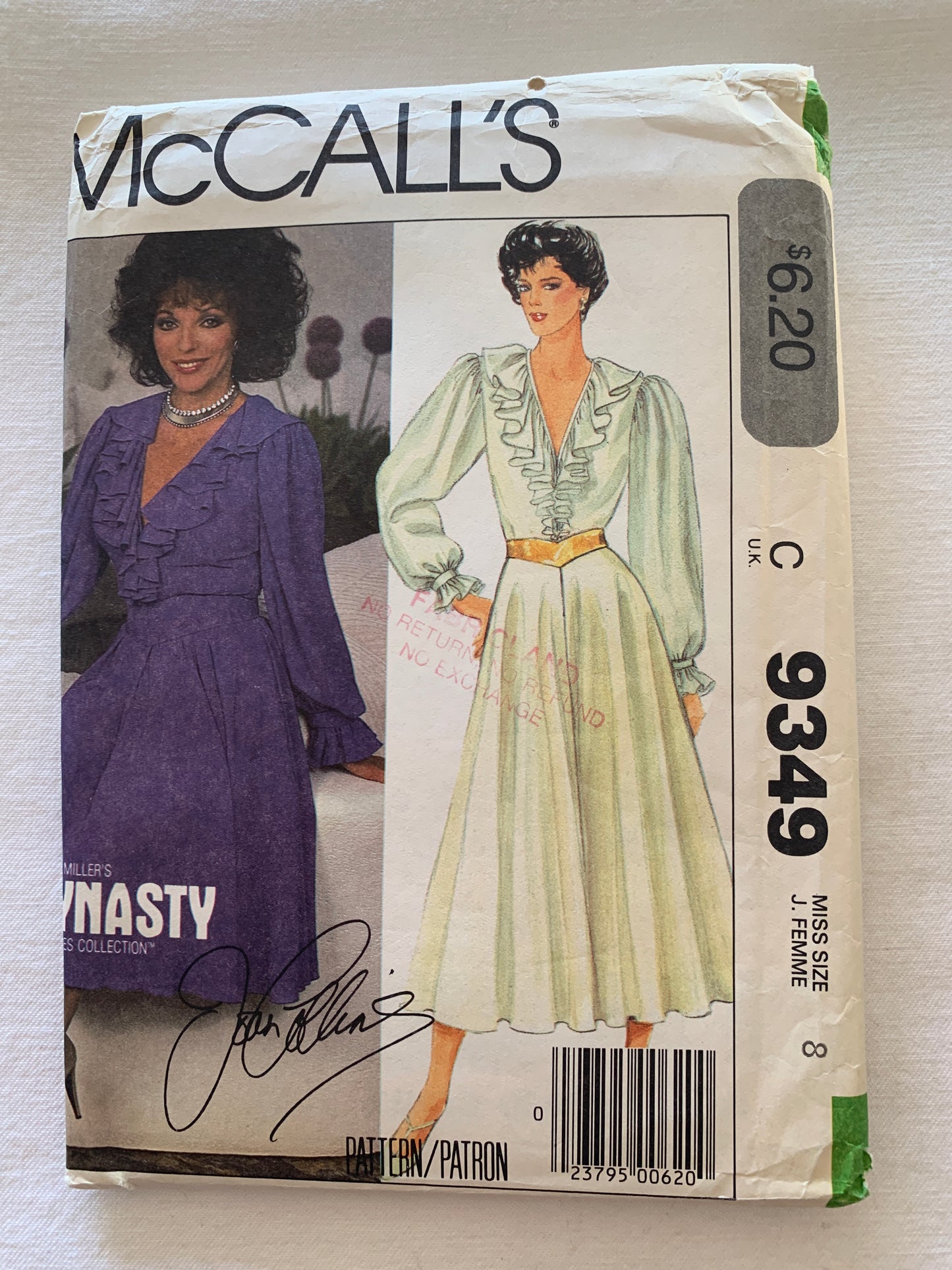 McCall's Sewing Pattern Joan Collins 9349 Misses' Dress, Belt, Zipper Front, Two Lengths, Long Sleeves, Size 8, Uncut, Vintage 1984 