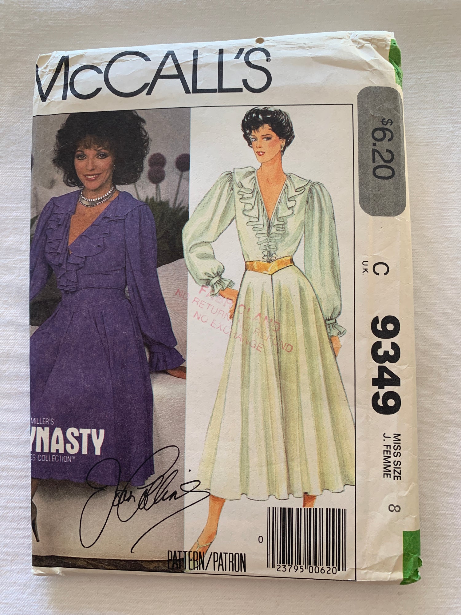 McCall's Sewing Pattern Joan Collins 9349 Misses' Dress, Belt, Zipper Front, Two Lengths, Long Sleeves, Size 8, Uncut, Vintage 1984 