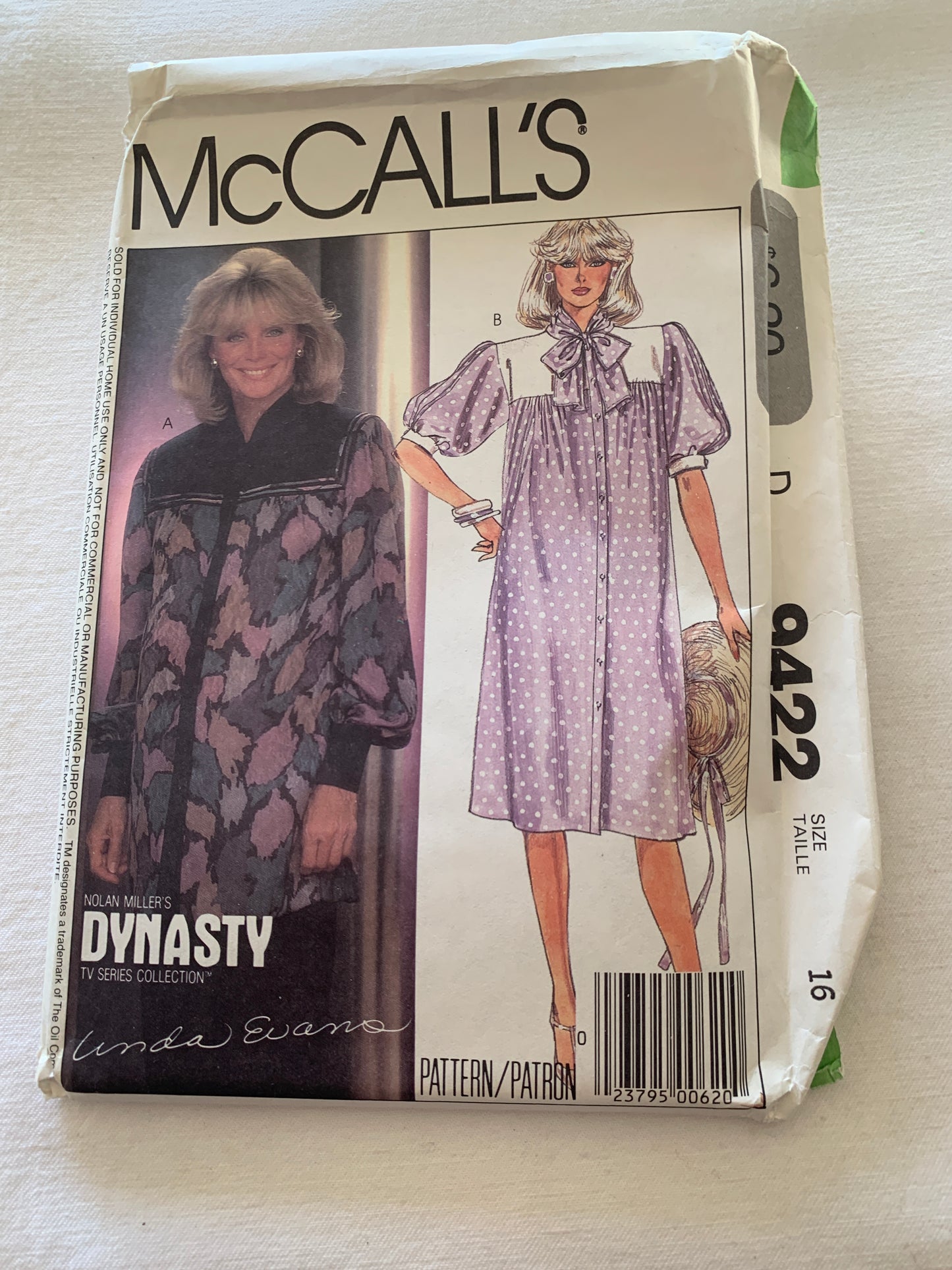 McCall's Sewing Pattern Linda Evans 9422 Misses' Maternity Dress, Button Front. Top, Pants, Long Sleeves, Elastic Waist, Size 16, Uncut, Vintage 1985
