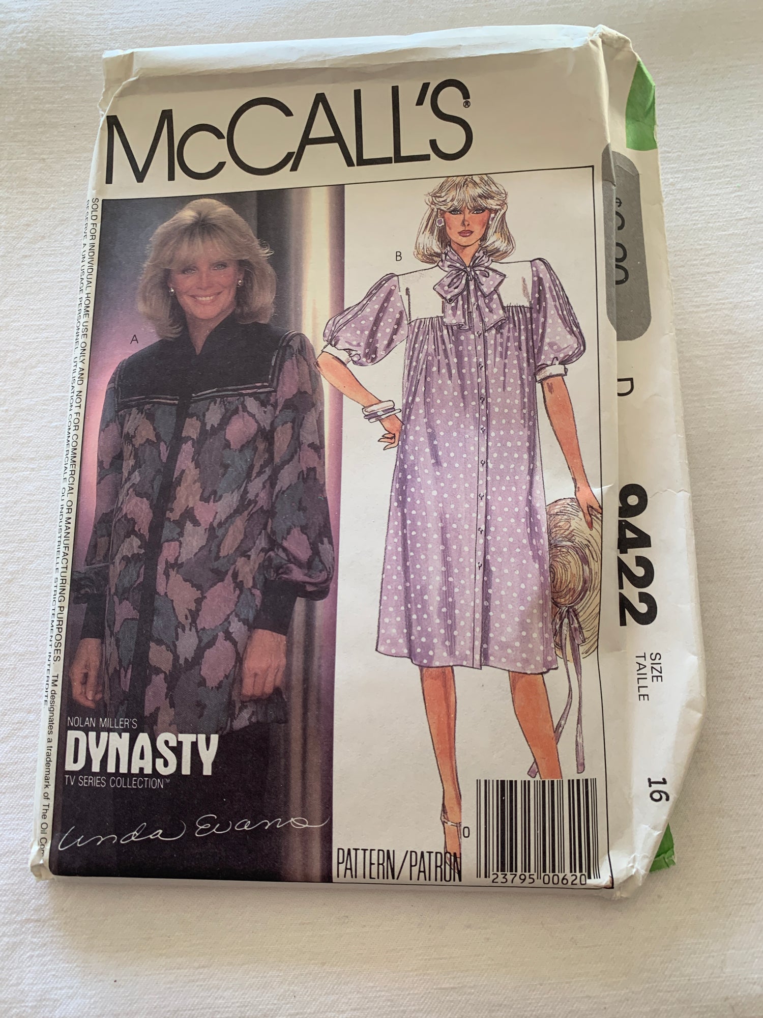 McCall's Sewing Pattern Linda Evans 9422 Misses' Maternity Dress, Button Front. Top, Pants, Long Sleeves, Elastic Waist, Size 16, Uncut, Vintage 1985