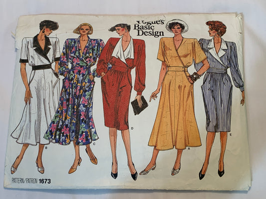 Vogue Sewing Pattern 1673 Misses' Dress, Two Lengths, Shoulder Pads, Flared, Long/Short Sleeves, Size 12, Cut, Vintage 1986