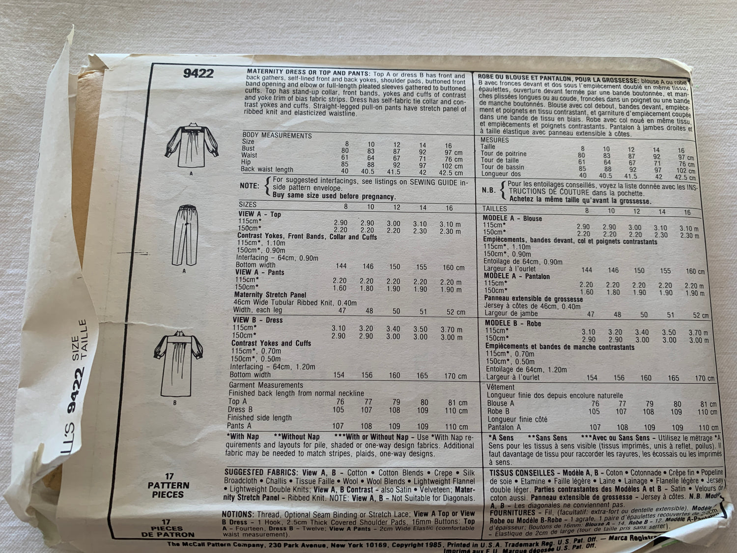 McCall's Sewing Pattern Linda Evans 9422 Misses' Maternity Dress, Button Front. Top, Pants, Long Sleeves, Elastic Waist, Size 16, Uncut, Vintage 1985