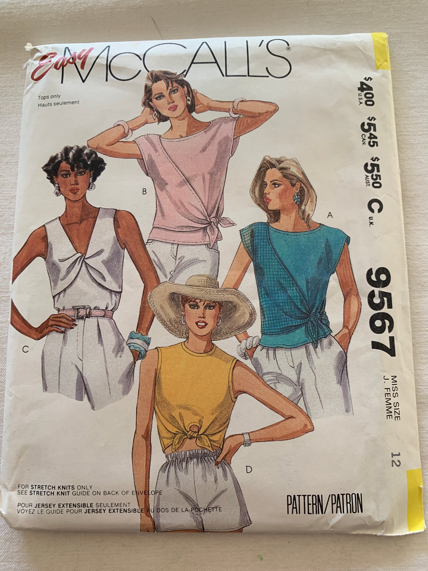 McCall's Sewing Pattern 9567 Misses' Tops, Stretch Knits Only, Pullover, Sleeveless, Size 12, Uncut, Vintage 1985