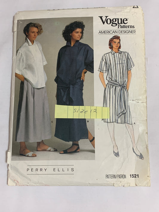 Vogue Perry Ellis Sewing Pattern 1521 Misses' Top, Skirt, Wrap-Dress, Loose-Fitting, Tie Belt, Pockets, Size 12, Cut, Vintage 1985