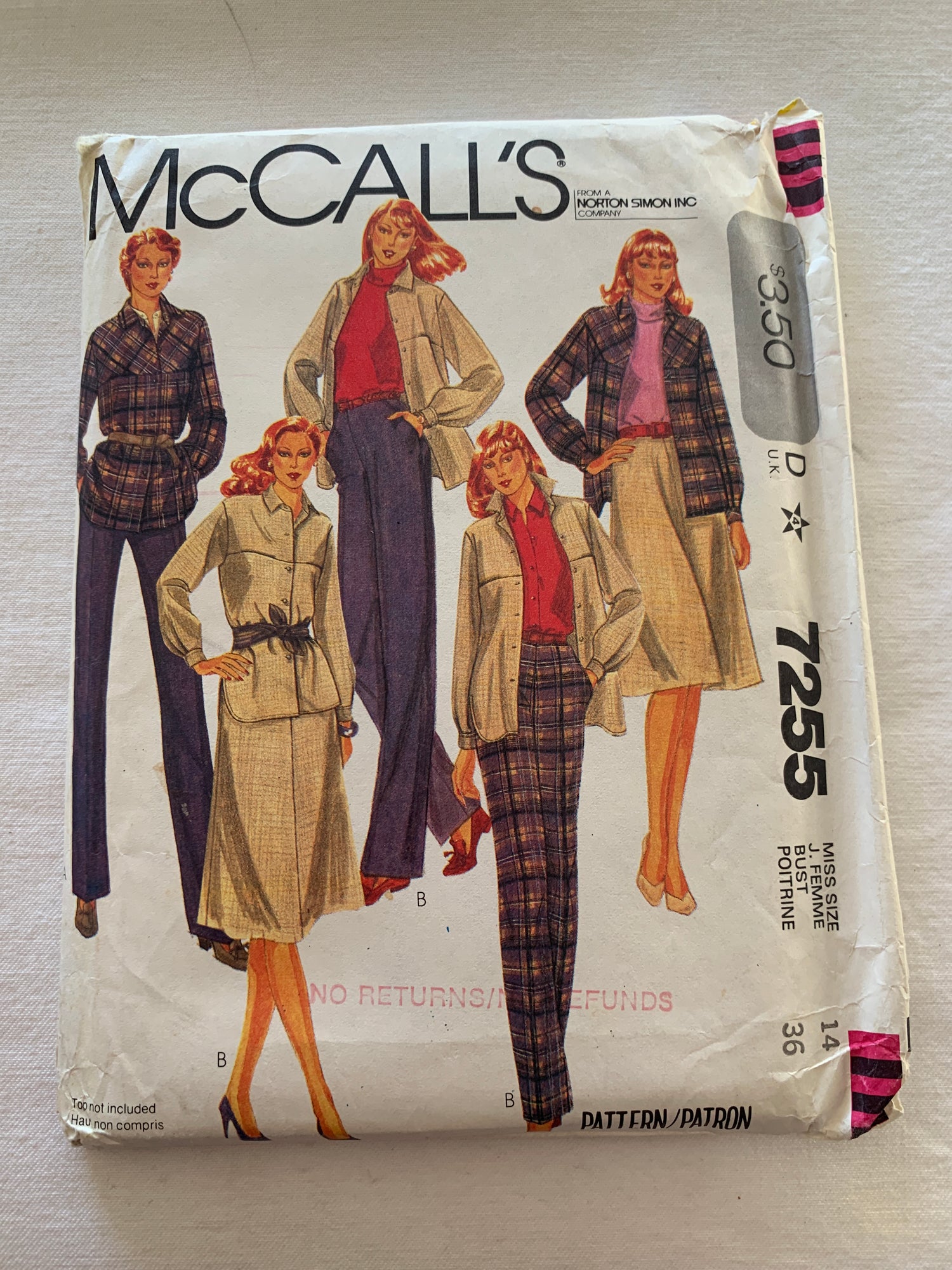 McCall's Sewing Pattern 7255 Misses' Jacket, Skirt, Pants, Back Zipper, Button Waist, Pockets, Size 14, Uncut, Vintage 1980