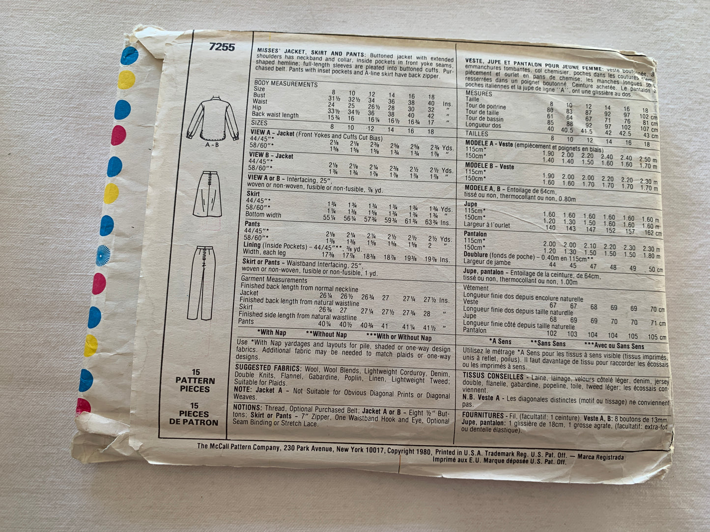 McCall's Sewing Pattern 7255 Misses' Jacket, Skirt, Pants, Back Zipper, Button Waist, Pockets, Size 14, Uncut, Vintage 1980
