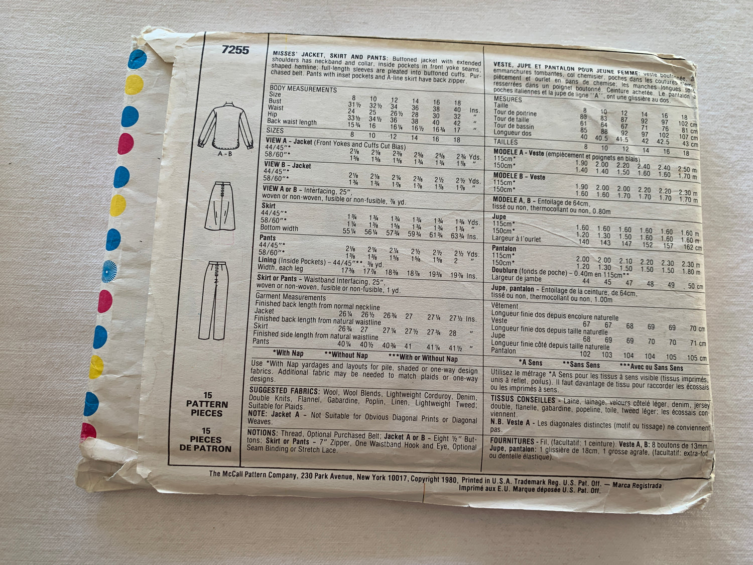 McCall's Sewing Pattern 7255 Misses' Jacket, Skirt, Pants, Back Zipper, Button Waist, Pockets, Size 14, Uncut, Vintage 1980