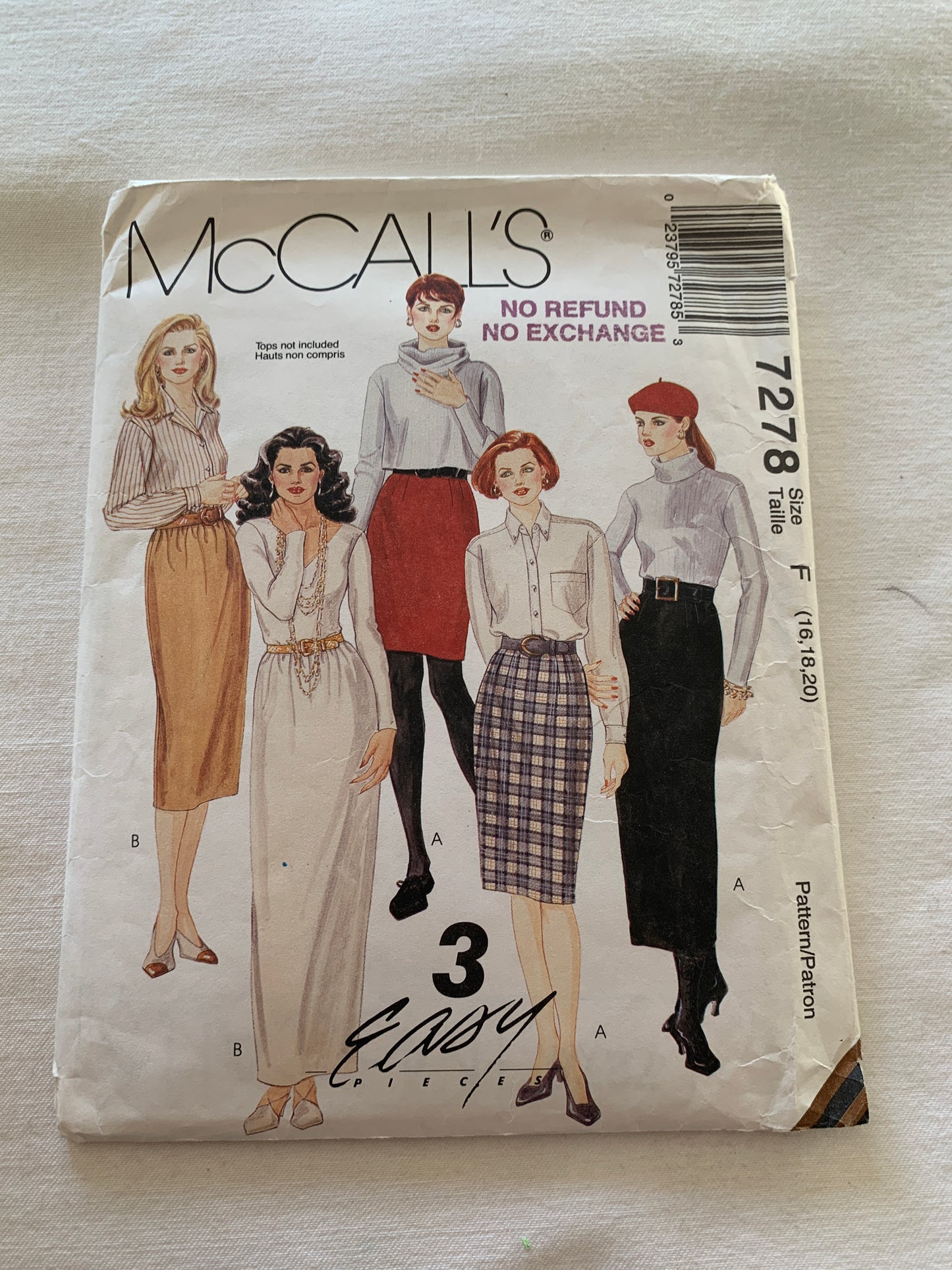 McCall's Sewing Pattern 7278 Misses' Skirt, Straight, Zipper Back, 5 Lengths, Slit, Size 16-204, Uncut, Vintage 1994