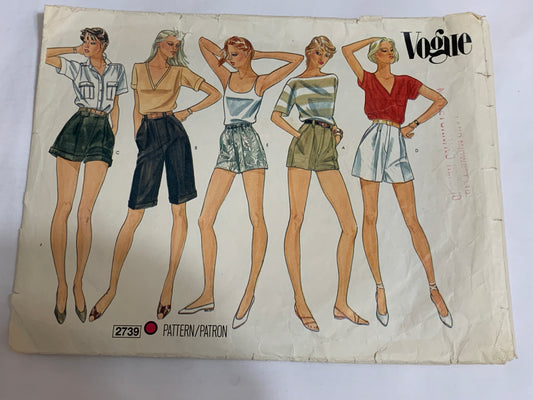 Vogue Sewing Pattern 2739 Misses' Shorts, 3 Lengths, Pockets, Front Zipper, Size 10, Cut, Vintage 1984