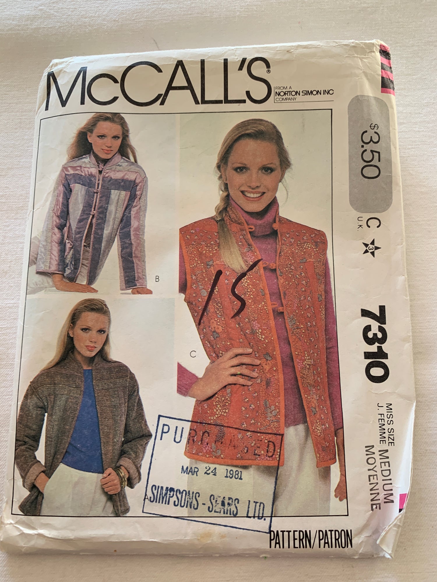 McCall's Sewing Pattern 7310 Misses' Reversible Jacket, Vest, Standing Collar, Knotted Loop Closure, Size 14-16, Uncut, Vintage 1980