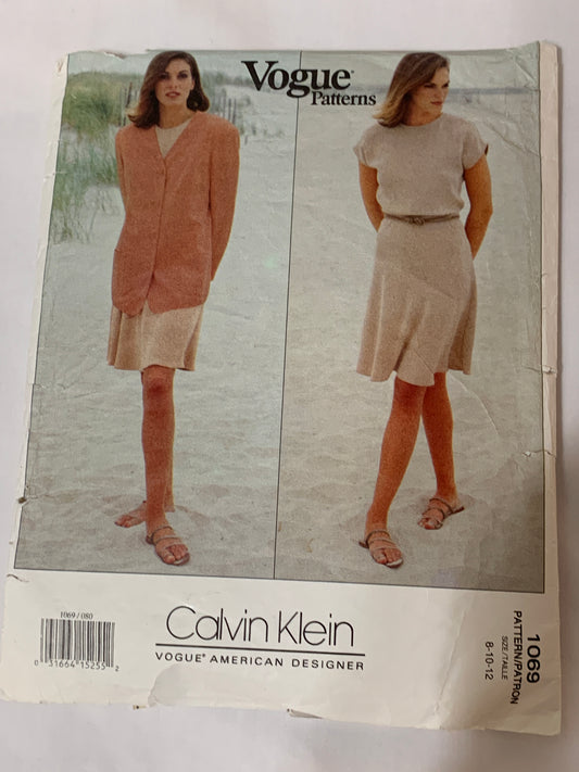 Vogue Calvin Klein Sewing Pattern 1069 Misses' Jacket, Dress, Loose-Fitting, Lined, Size 8-12, Cut, Vintage 1993