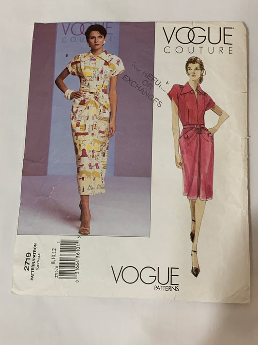 Vogue Couture Sewing Pattern 2719 Misses'/Misses' Petite Dress, Belt, A-Line, Shoulder Pads, Princess Seams, Zipper Back, Size 8-12, Cut, 2003