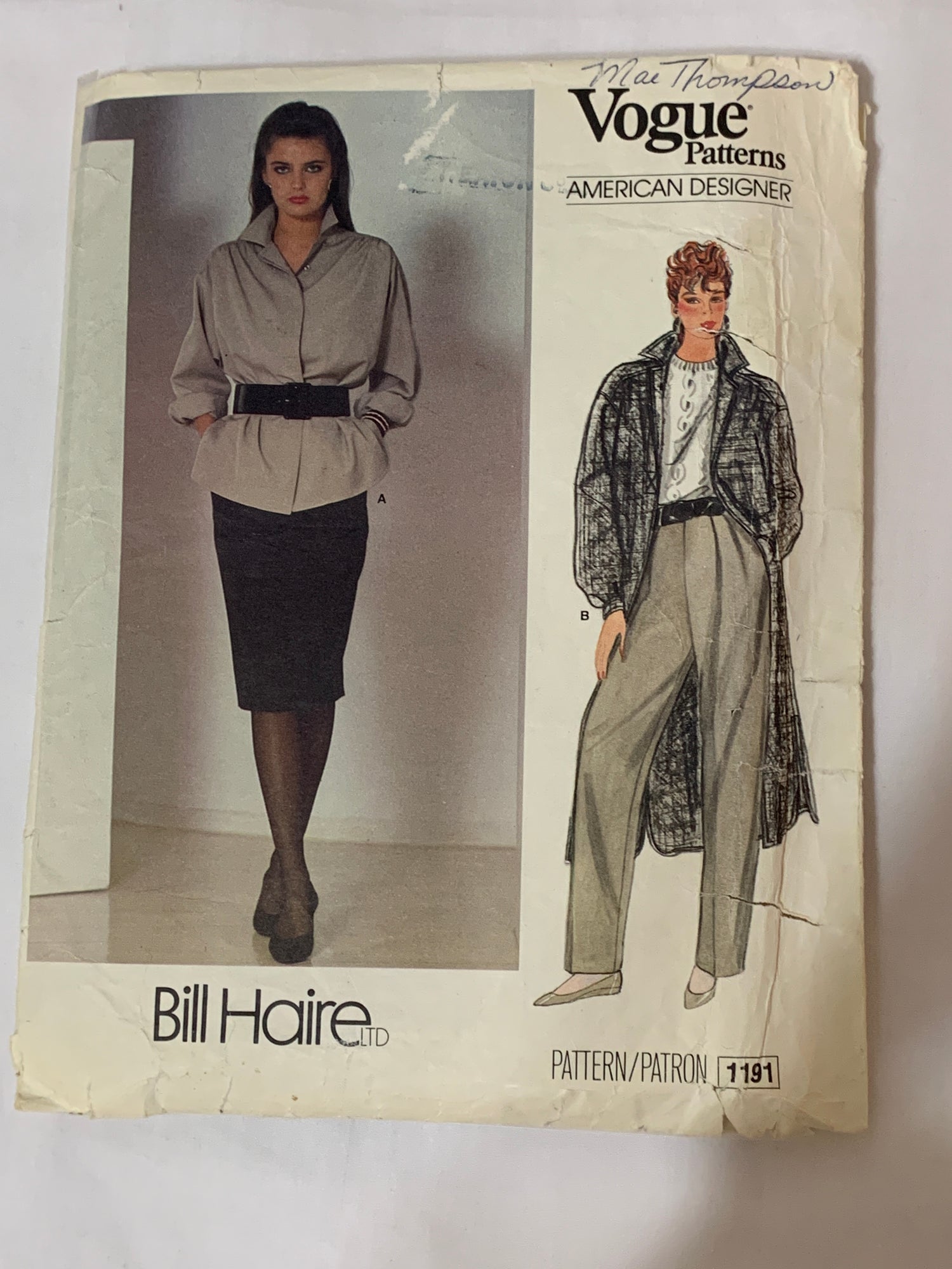 Vogue Bill Haire Sewing Pattern 1191 Misses' Jacket, Pants, Skirt, Loose-Fitting, Unlined, Zipper Front, Pockets, Size 12, Cut, Vintage 1987